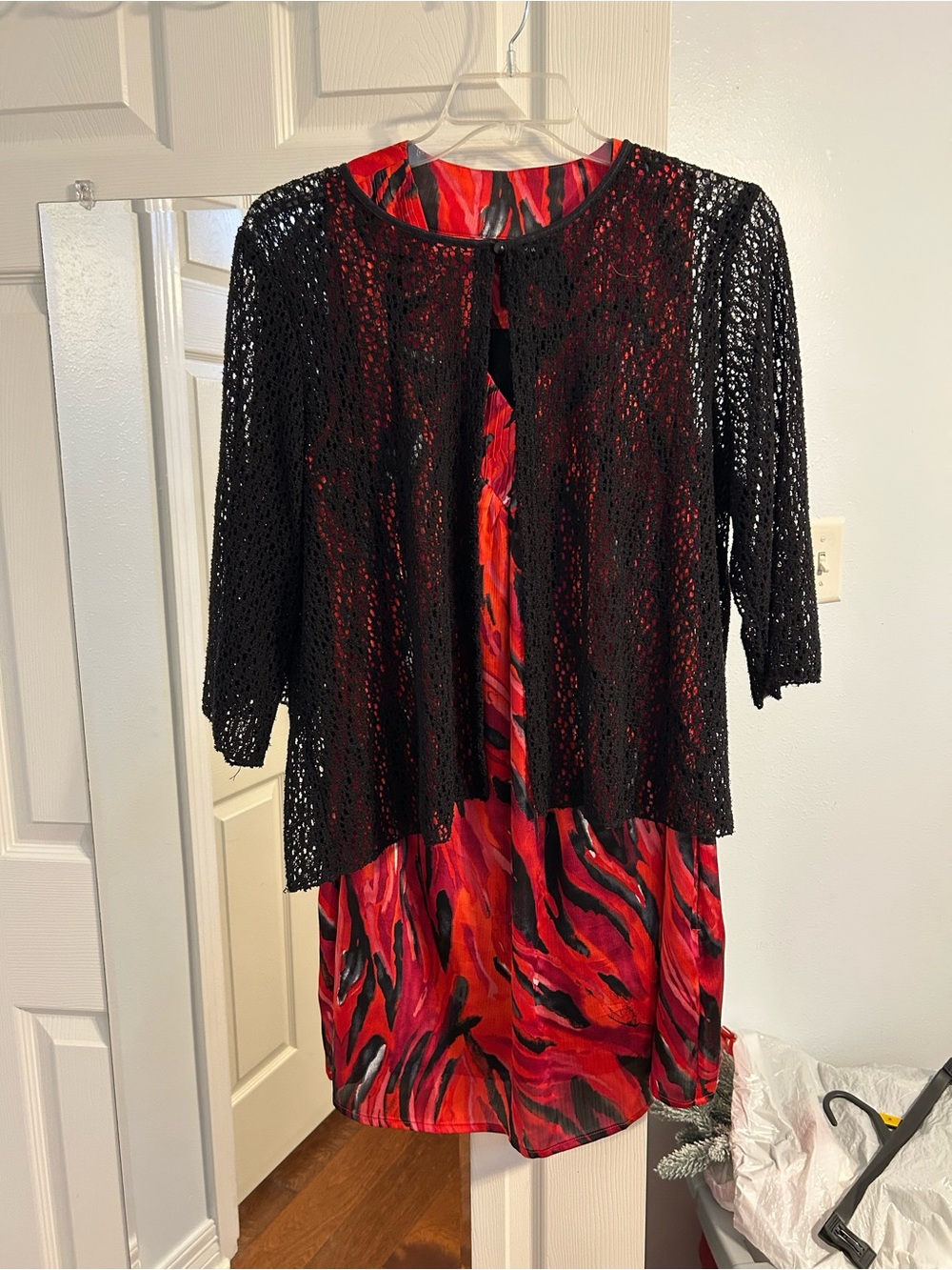 Lane Bryant Black Crochet Cardigan Over Red & Pink Abstract Dress
